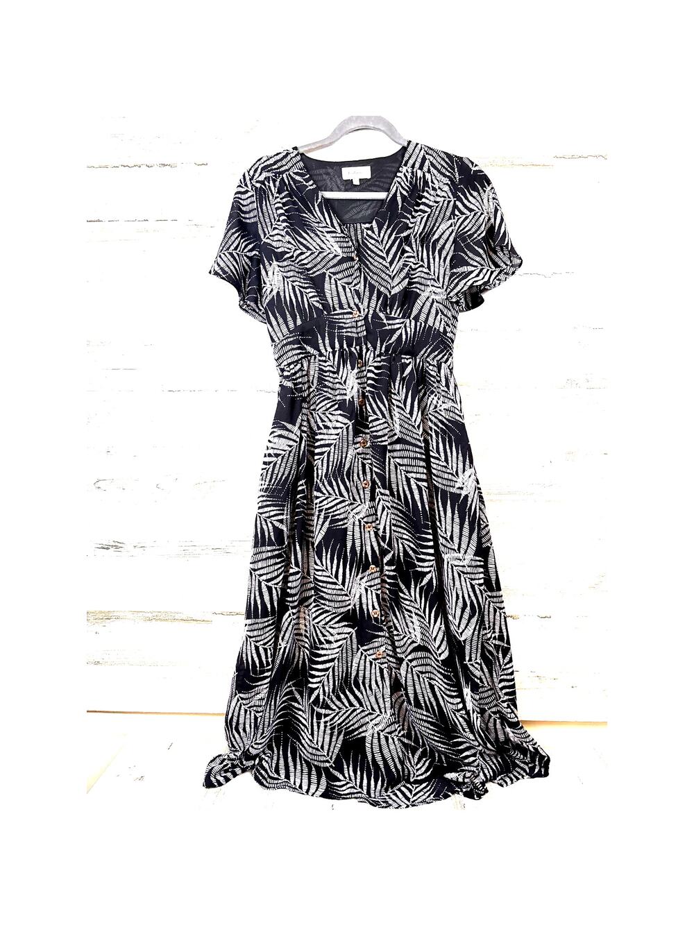 Bohme womens XS Black white Tropical Button Front casual summer Midi Dress NEW